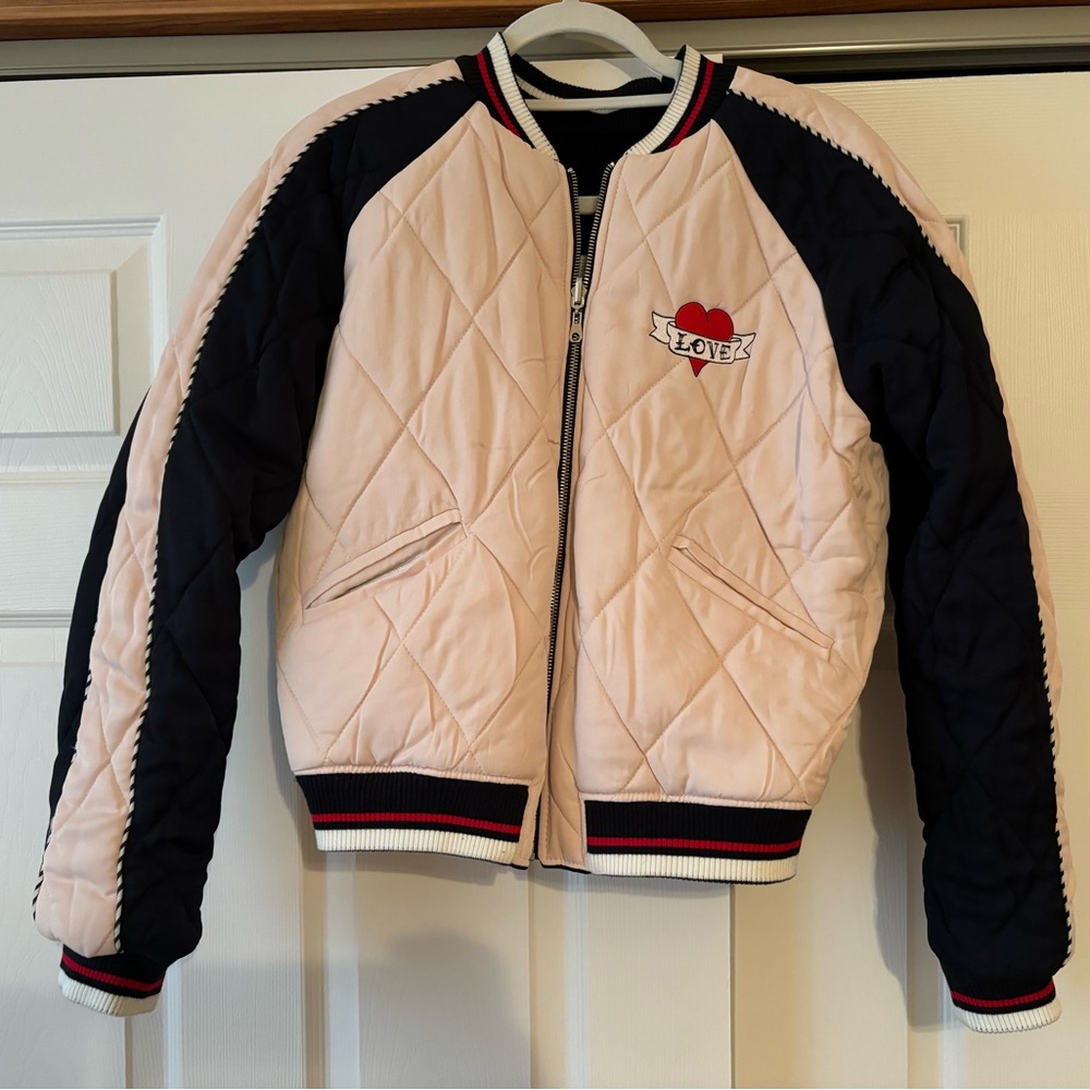 Sandro Pink Quilted Bomber with Navy Raglan Sleeves and Heart Patch